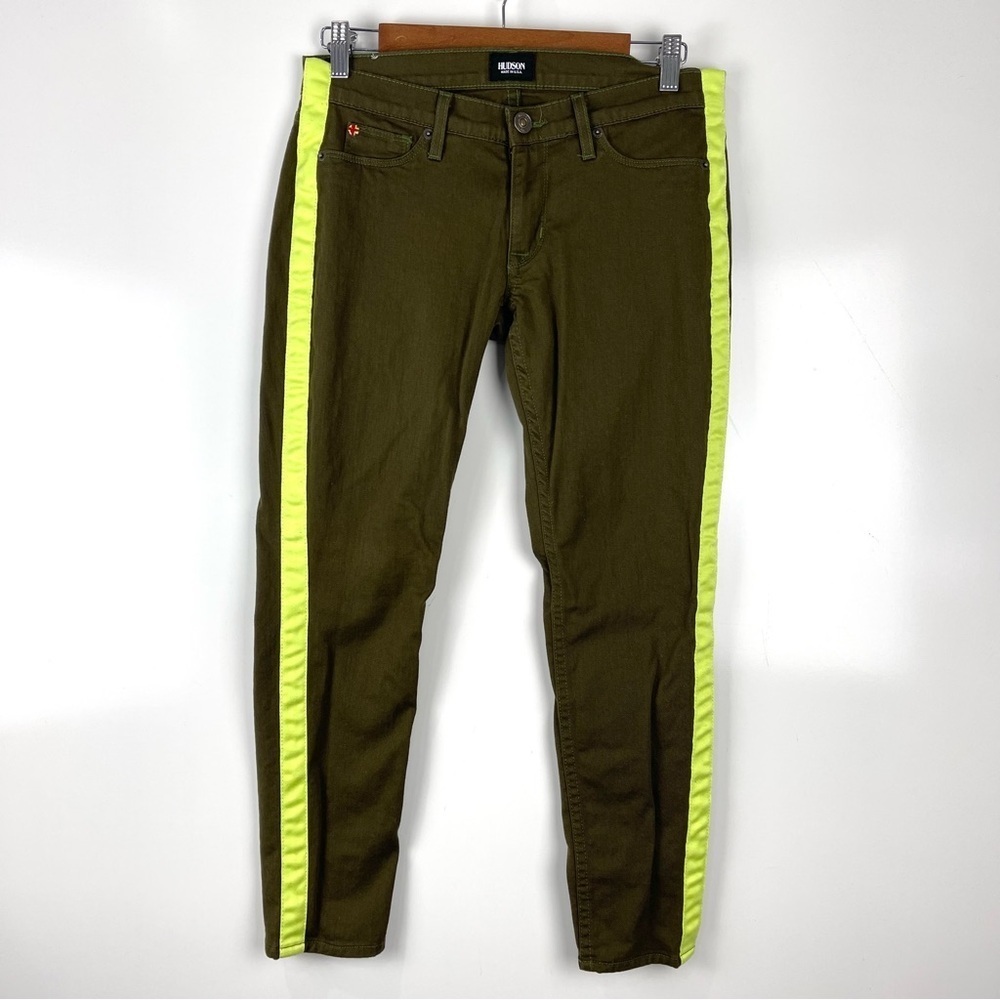 Hudson Jeans LouLou Skinny Jeans Tuxedo Stripe Green Neon Low Rise Size 27